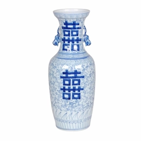 Blue and White Porcelain Double Happiness Vase With Carved Handles home display ornament