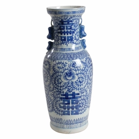 Blue and White Porcelain Double Happiness Vase with Foo Dog Accents home display ornament