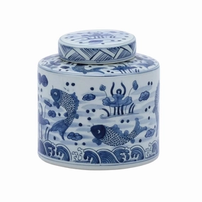 Blue and White Porcelain Fish Cylinder Tea Jar home display ornament