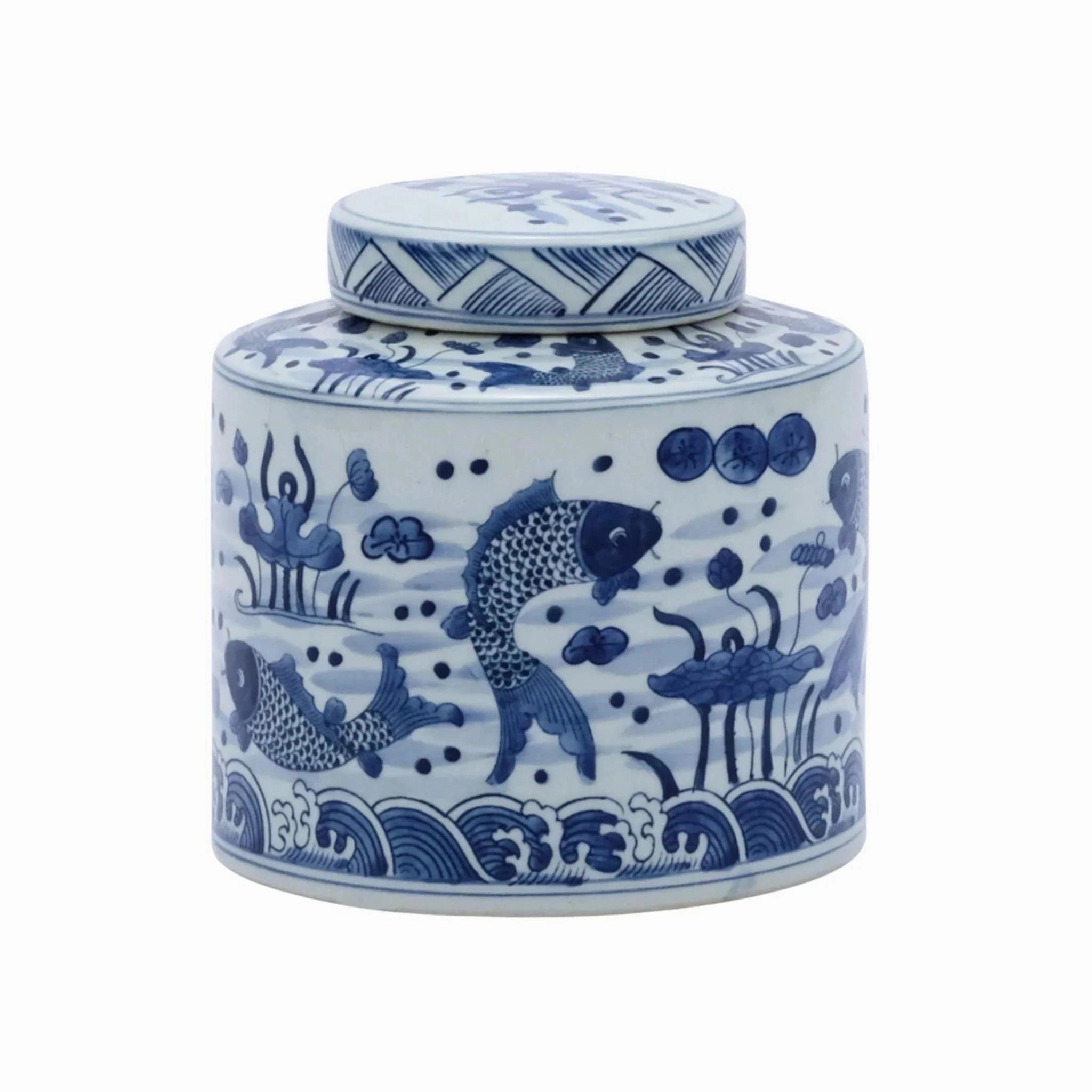 Blue and White Porcelain Fish Cylinder Tea Jar