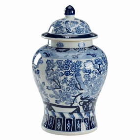 Blue and White Porcelain Floral Covered Urn home display ornament