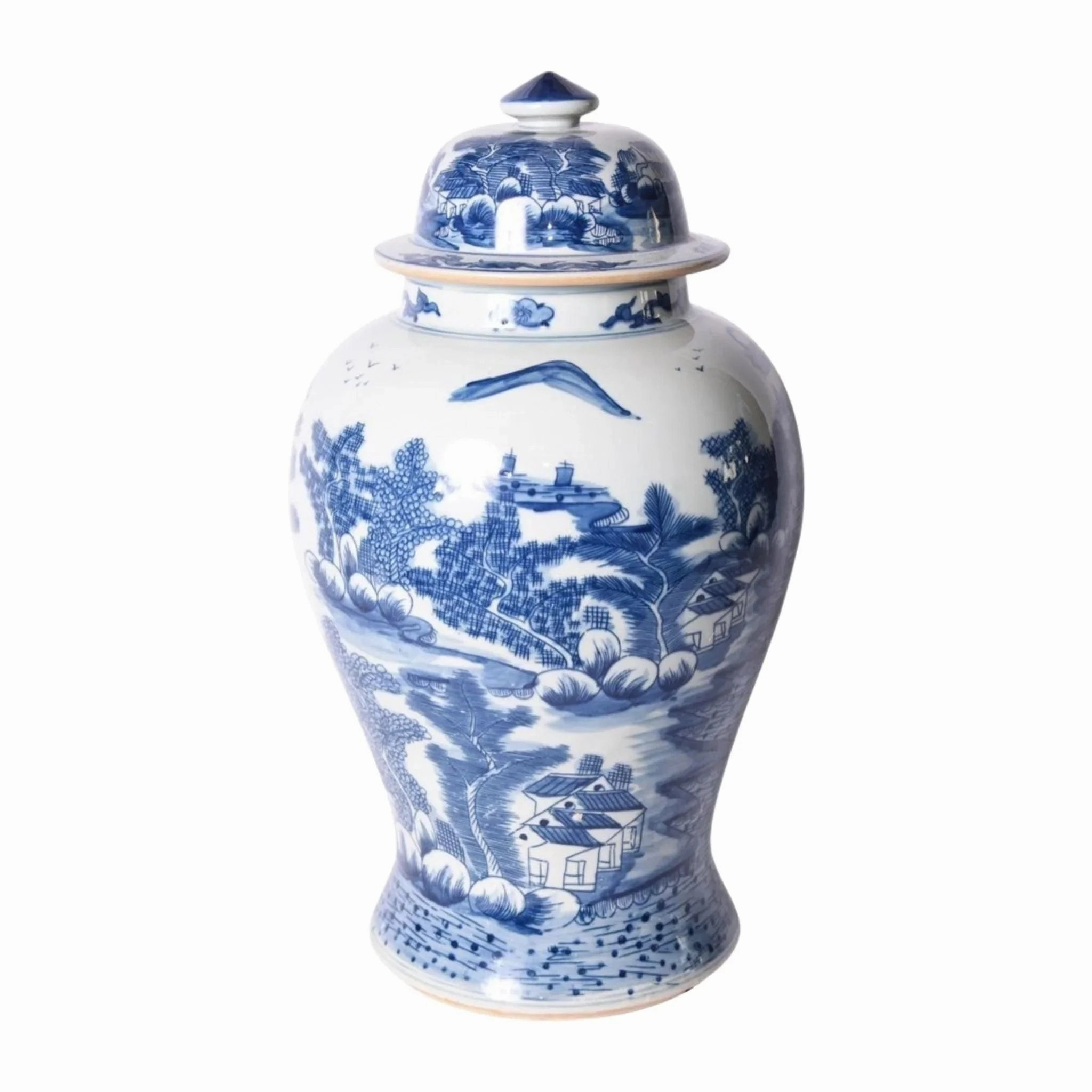 Blue and White Porcelain Ginger Jar with Landscape Design
