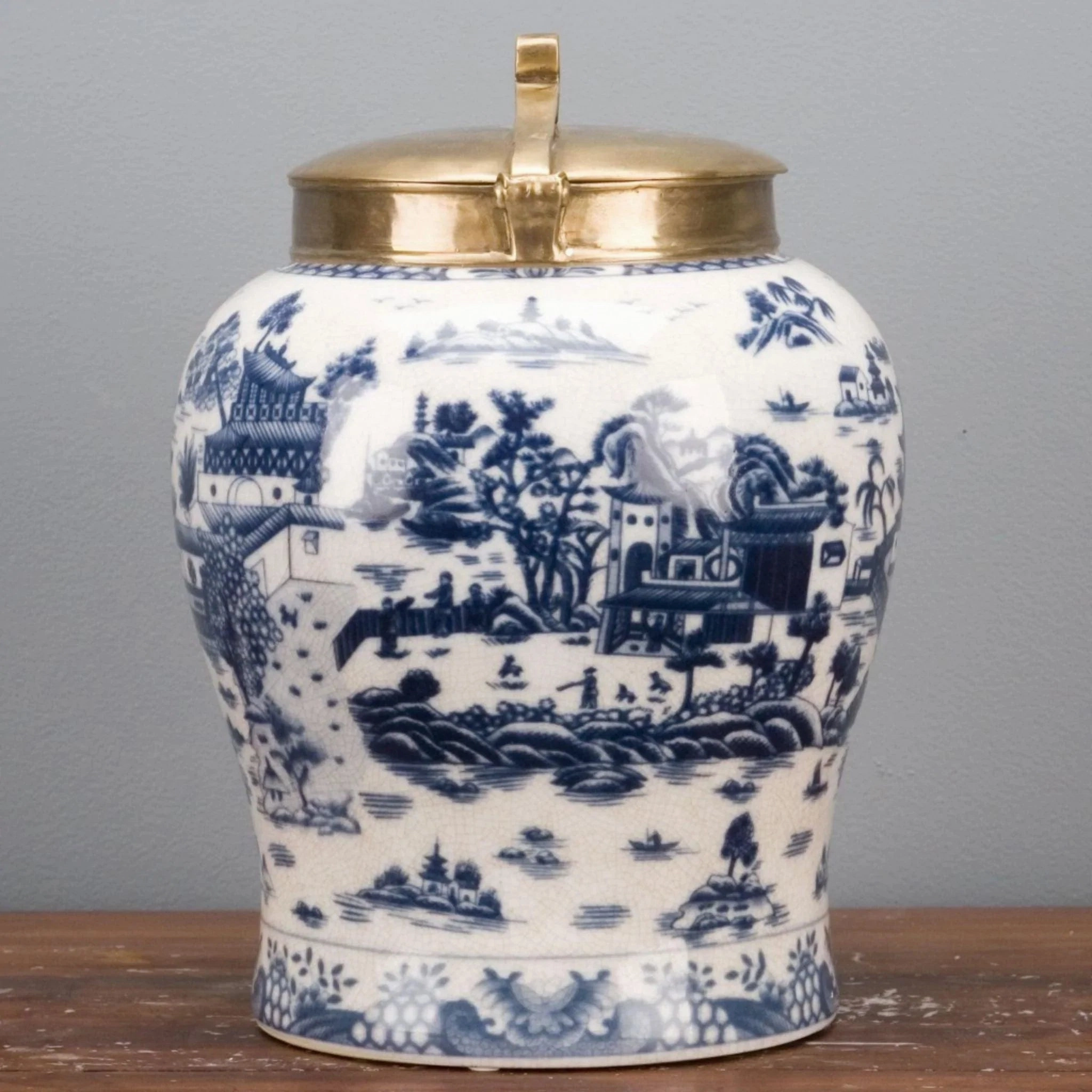 Blue and White Porcelain Jar with Bronze Lid
