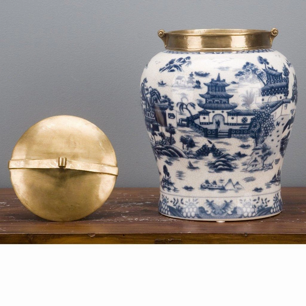 Blue and White Porcelain Jar with Bronze Lid