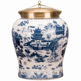 Blue and White Porcelain Jar with Bronze Lid home display ornament