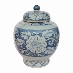 Blue and White Porcelain Lidded Peony Jar home display ornament