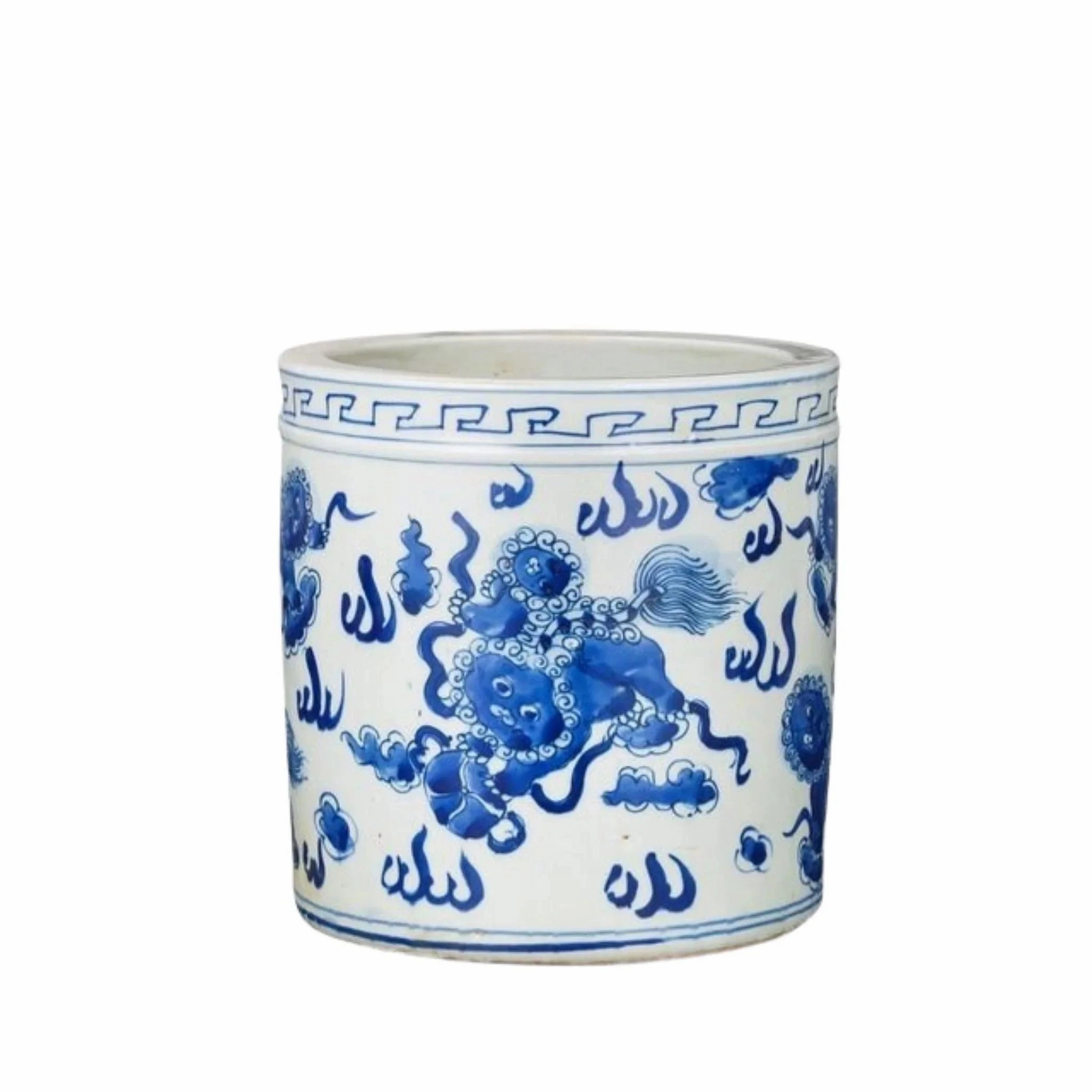 Blue And White Porcelain Orchid Pot Foo Dog Motif