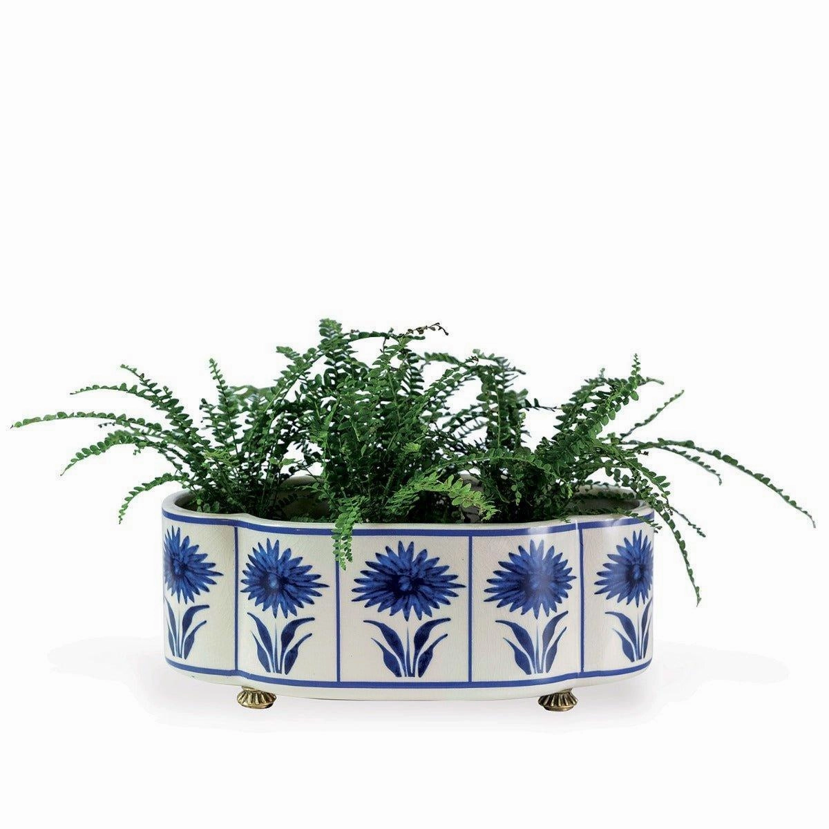 Blue and White Scallop Planter with Aster Pattern and Brass Feet