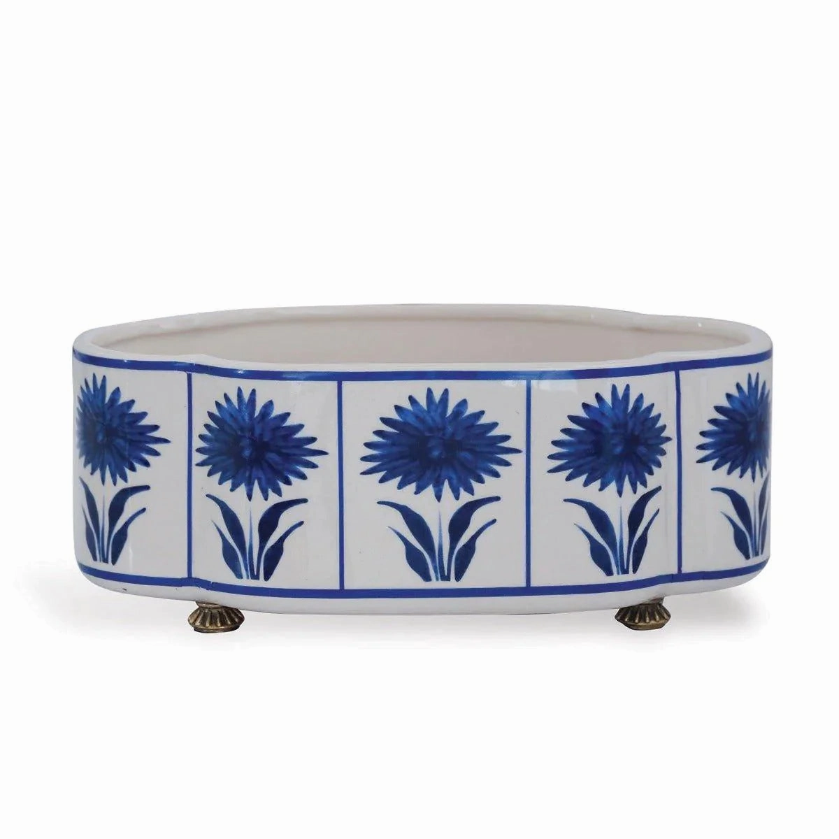 Blue and White Scallop Planter with Aster Pattern and Brass Feet home display ornament