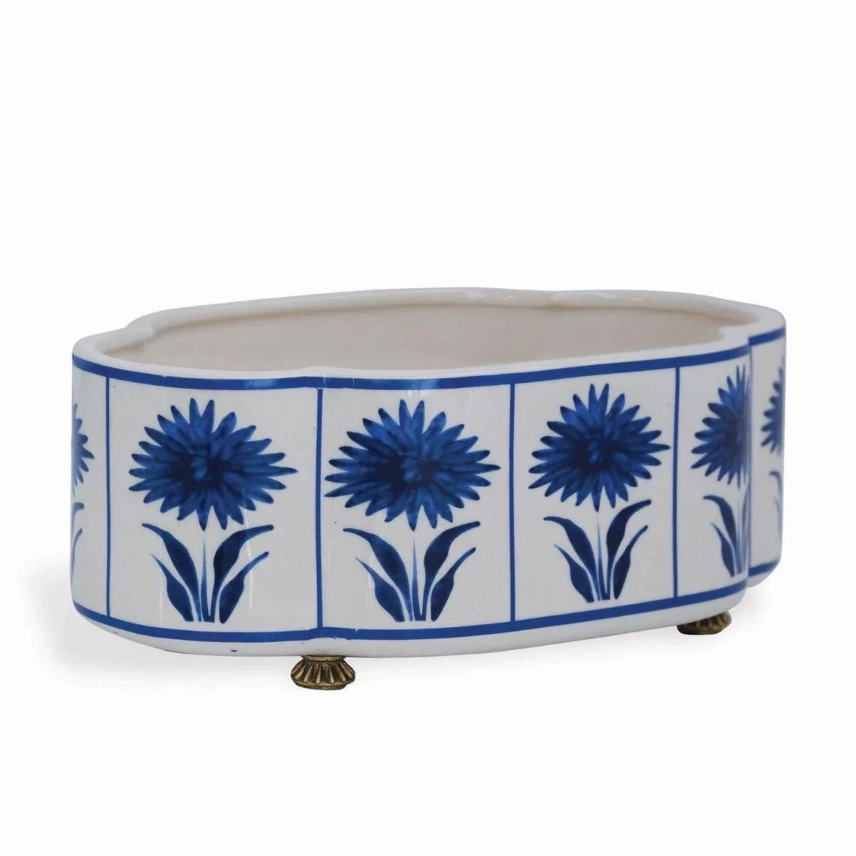 Blue and White Scallop Planter with Aster Pattern and Brass Feet