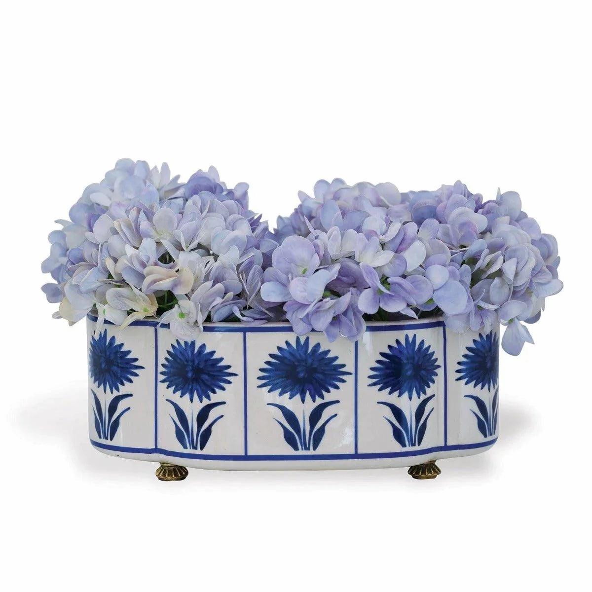 Blue and White Scallop Planter with Aster Pattern and Brass Feet