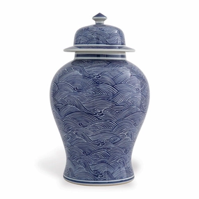 Blue and White Temple Jar in Wave Pattern with Lid home display ornament