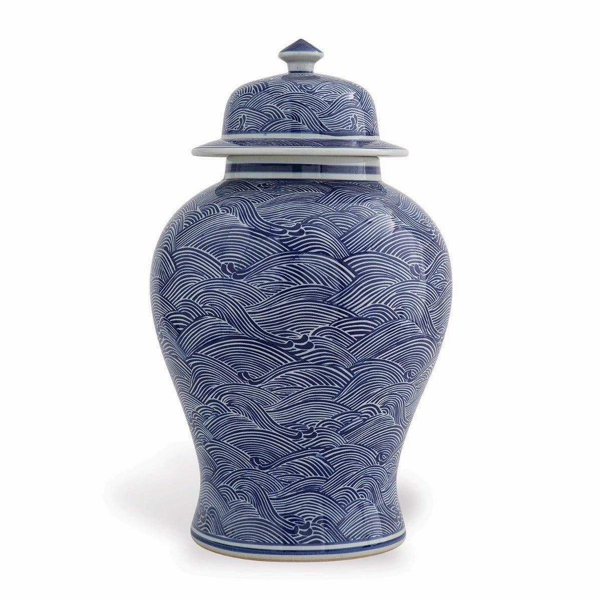 Blue and White Temple Jar in Wave Pattern with Lid home display ornament