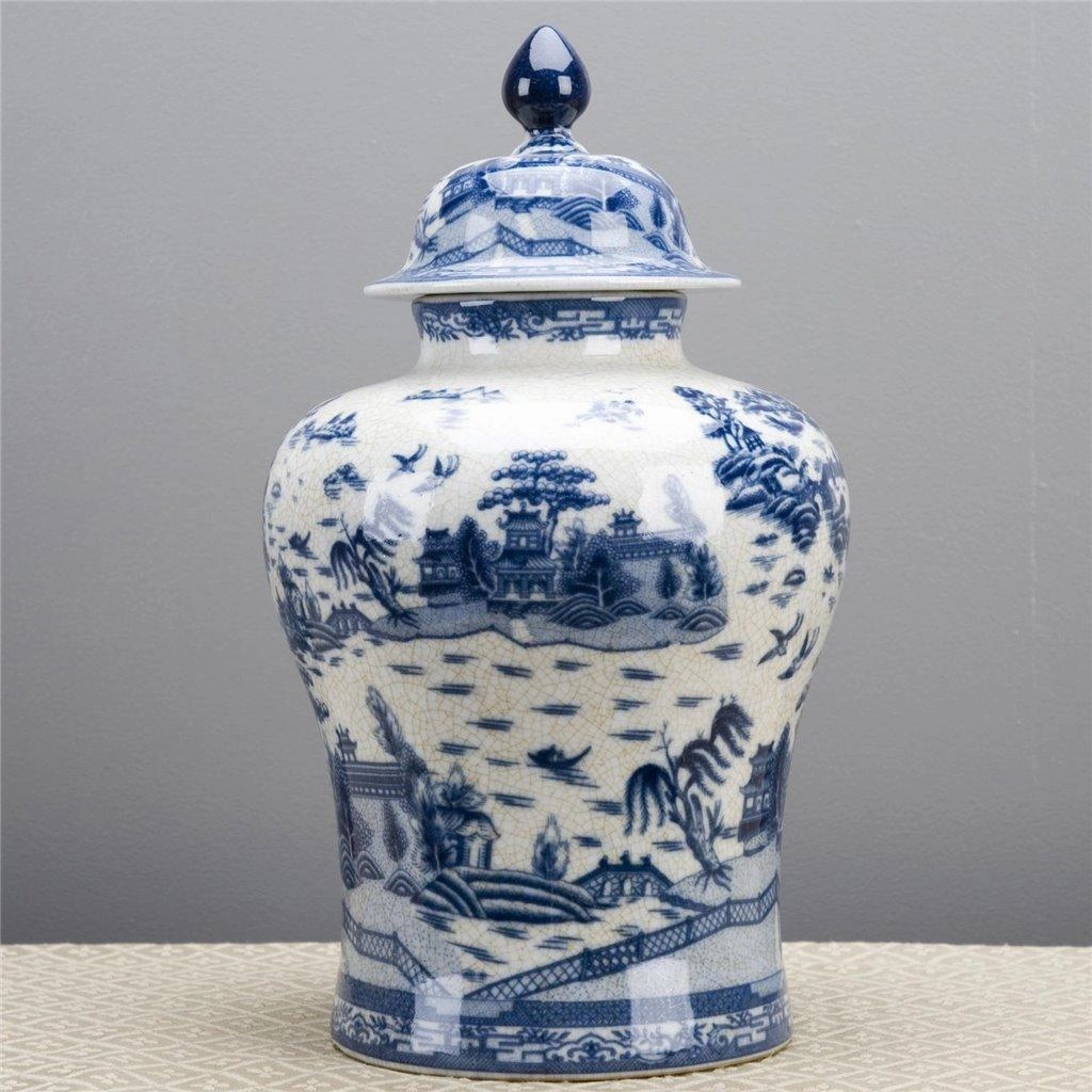 Blue and White Willow Porcelain Round Covered Jar