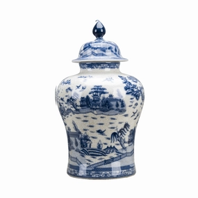 Blue and White Willow Porcelain Round Covered Jar home display ornament