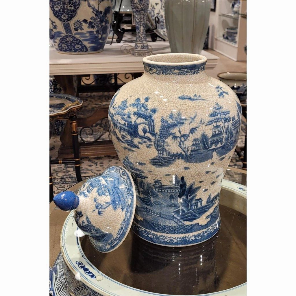 Blue and White Willow Porcelain Round Covered Jar