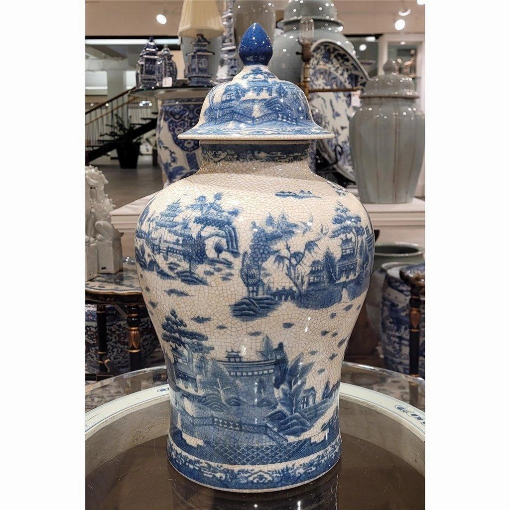 Blue and White Willow Porcelain Round Covered Jar