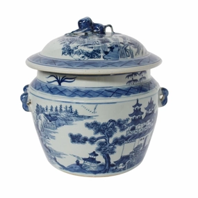 Blue Design Porcelain Lidded Rice Jar With Chinoiserie Landscape Motif home display ornament