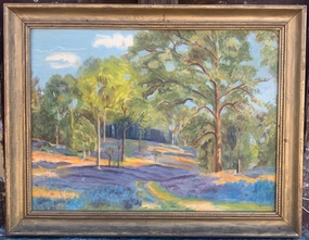 BLUEBONNET WOODS IMPRESSIONIST PAINTING BY CORINNE STUART 1945 classic mural painting