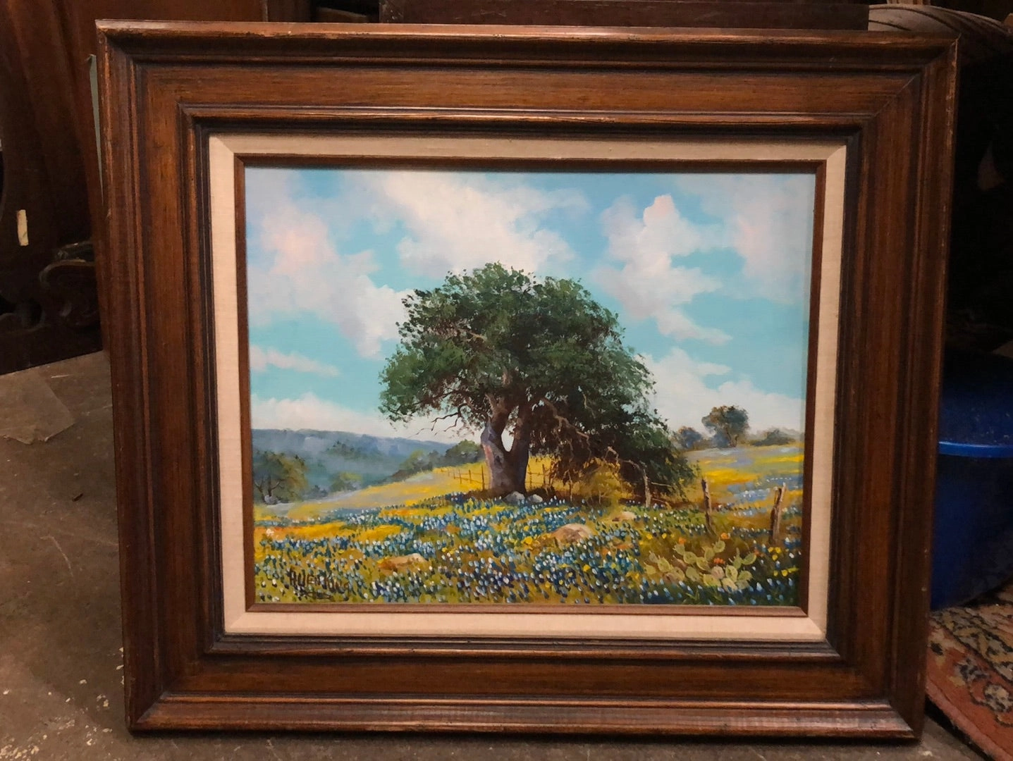 BLUEBONNETS AND A TREE OIL PAINTING BY ALLEN KING classic mural painting