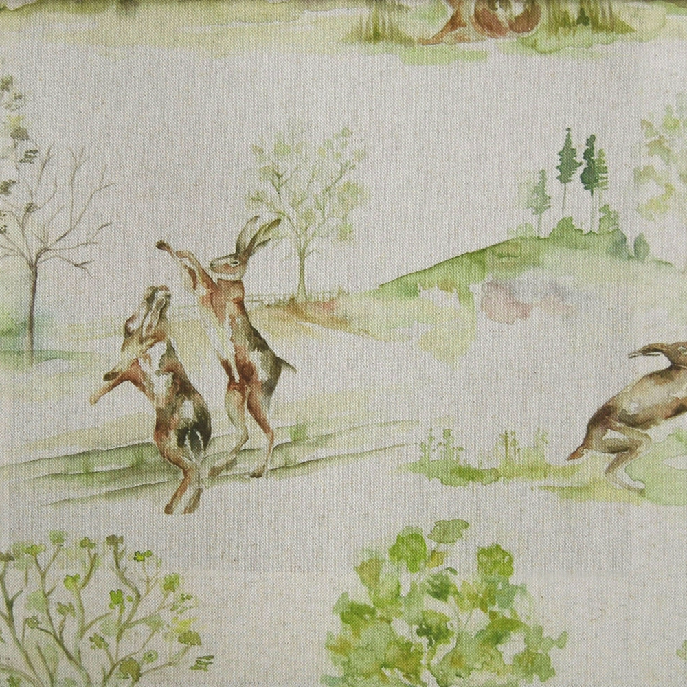 Boxing Hares Printed Linen Fabric (By The Metre) Natural elegant table cloth  
