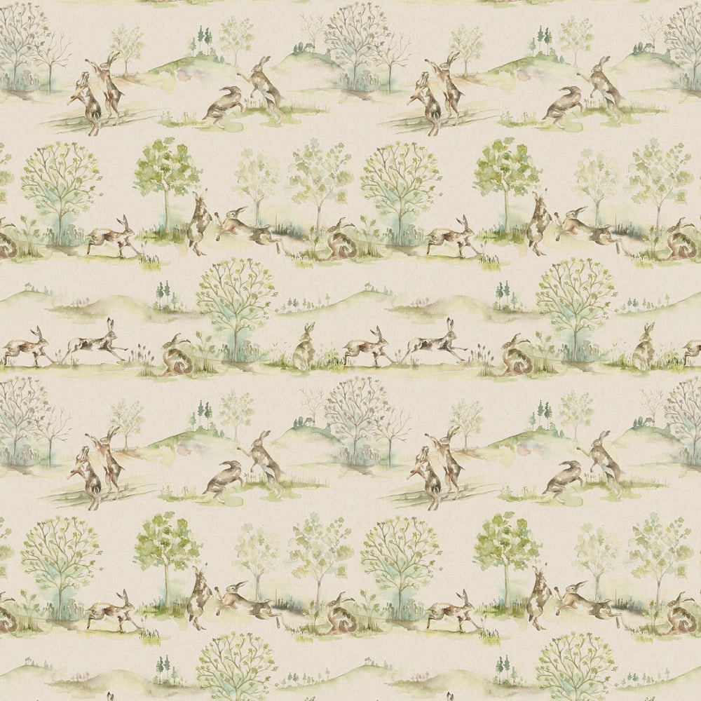 Boxing Hares Printed Linen Fabric (By The Metre) Natural