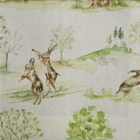 Boxing Hares Printed Linen Fabric (By The Metre) Natural elegant table cloth  