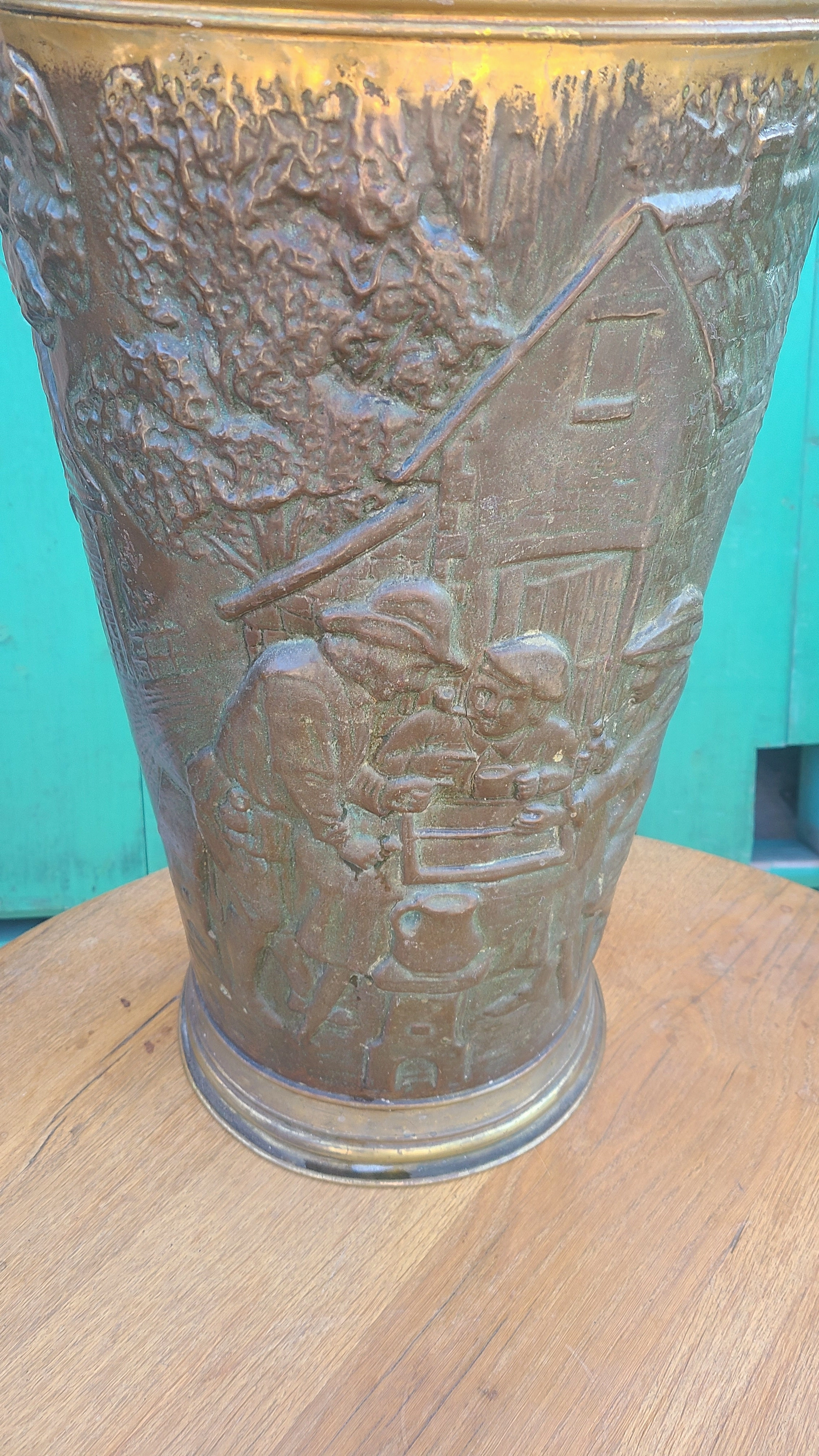 BRASS RELIEF STICK STAND WITH PUB SCENE