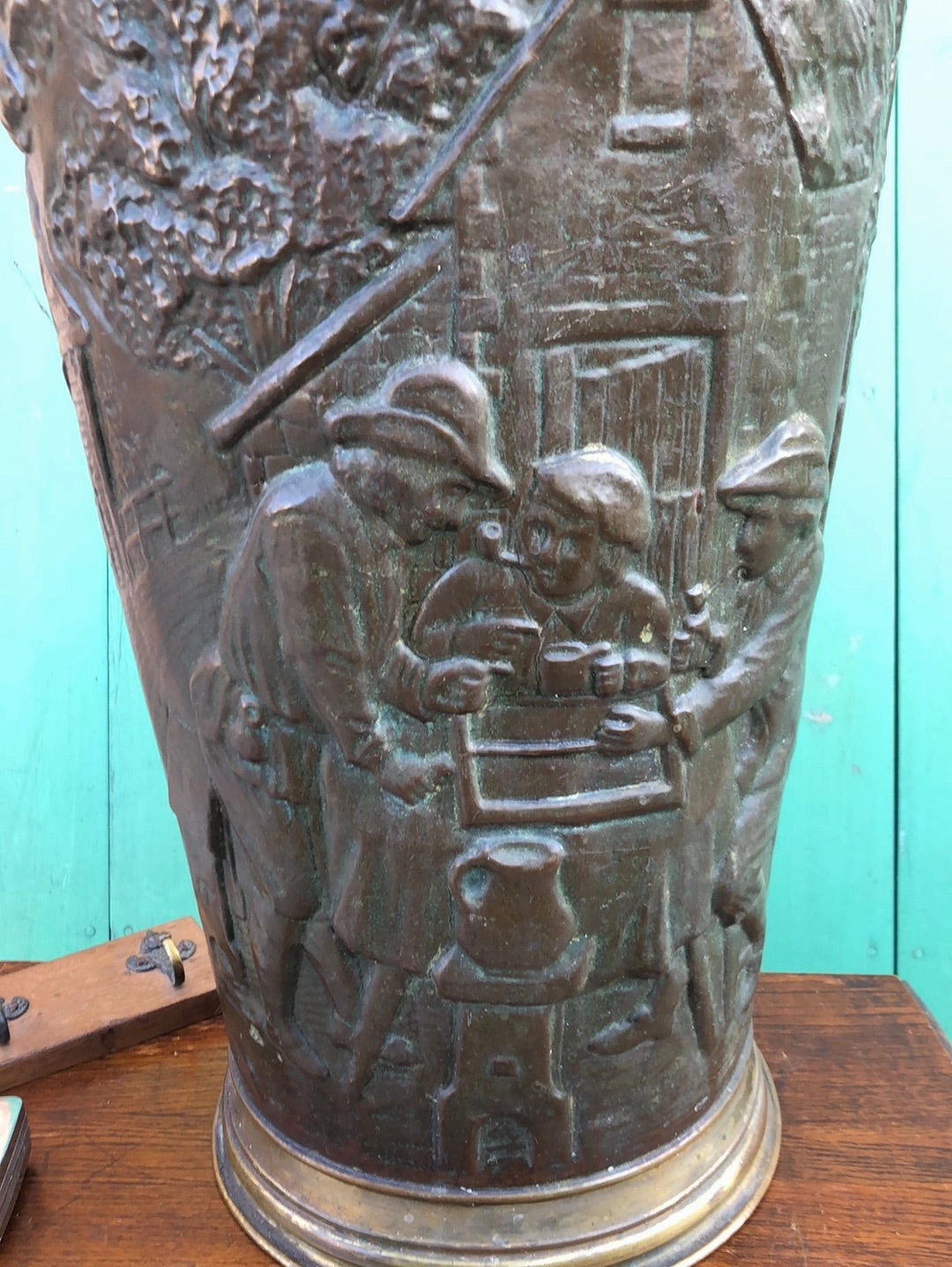 BRASS RELIEF STICK STAND WITH PUB SCENE