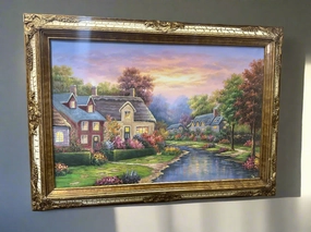 BRIGHT COLORS COTTSWALD COTTAGES OIL PAINTING SIGNED LR classic mural painting