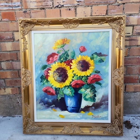 BRIGHT FLORAL OIL PAINTING ON CANVAS -SIGNED classic mural painting
