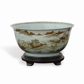 Brown on White Porcelain Bowl with Asian Pastoral Scene home display ornament