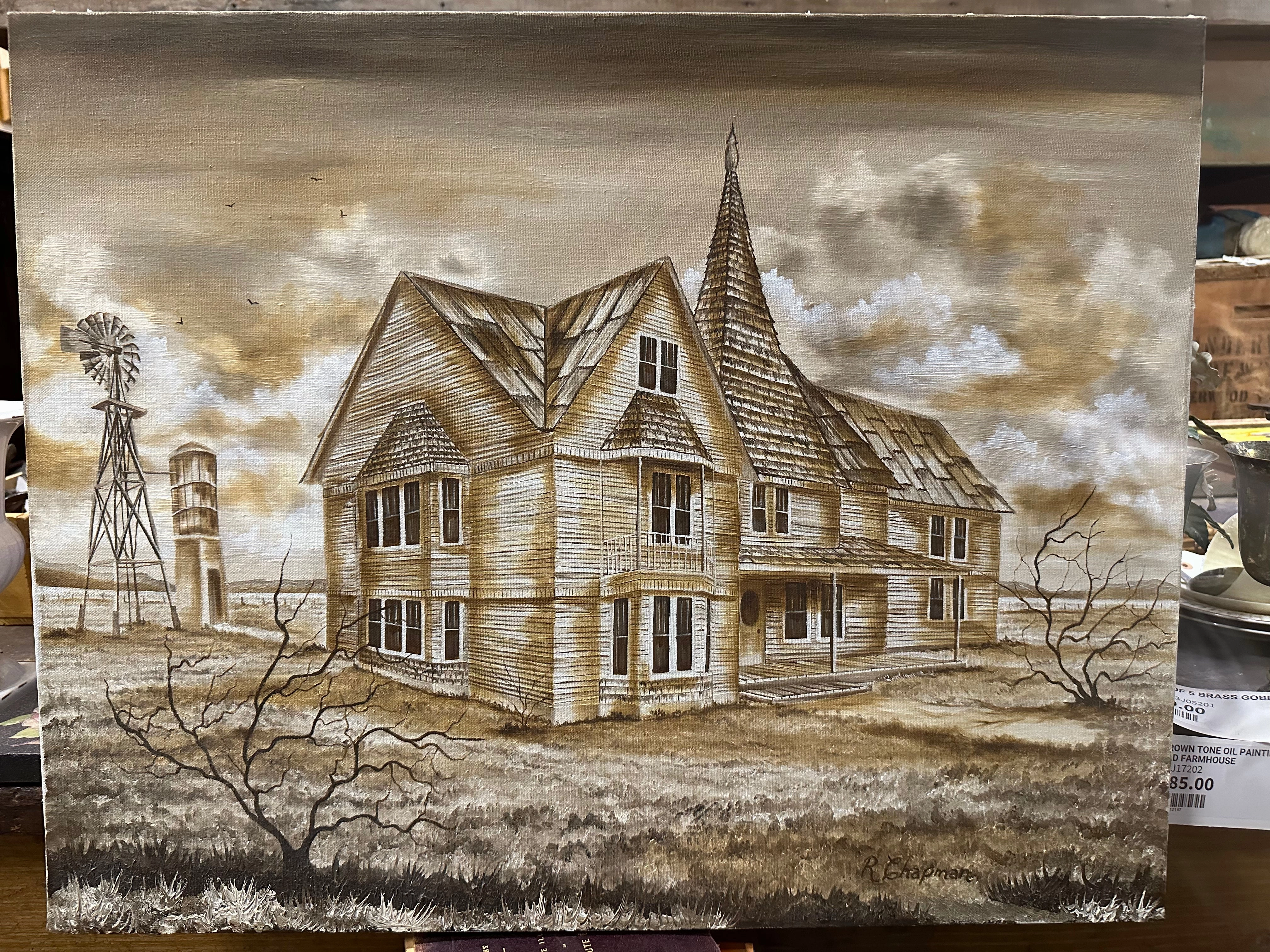 BROWN TONE OIL PAINTING OF OLD FARMHOUSE classic mural painting
