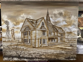 BROWN TONE OIL PAINTING OF OLD FARMHOUSE classic mural painting