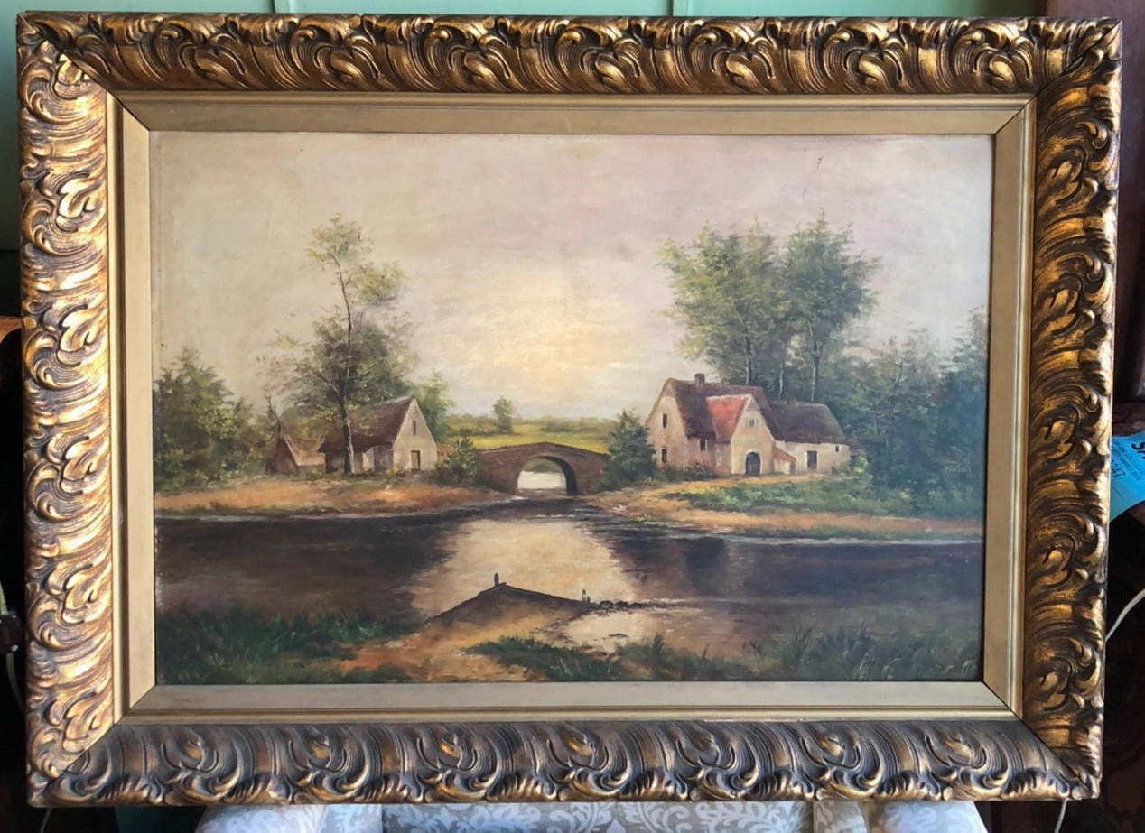 BUCOLIC OIL PAINTING WITH BRIDGE