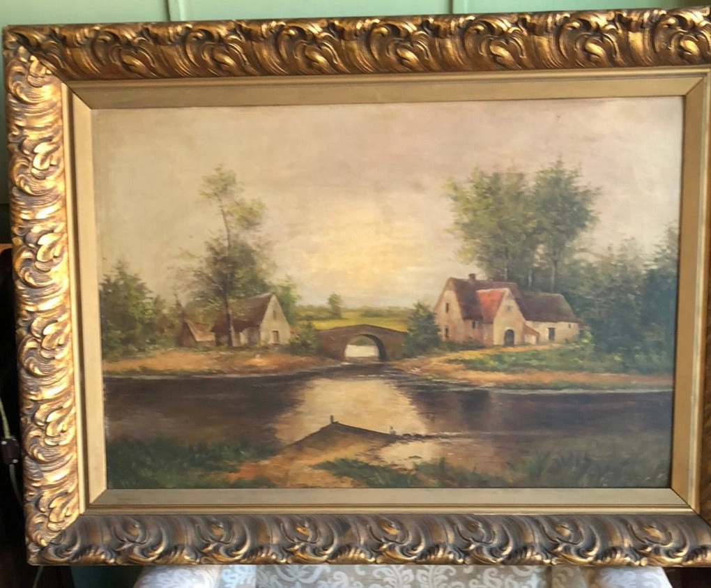 BUCOLIC OIL PAINTING WITH BRIDGE classic mural painting