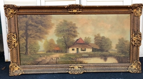 BUCOLIC OIL PAINTING WITH COTTAGE AND DUCKS classic mural painting