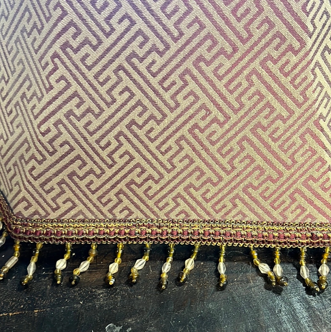 BURGUNDY AND BEIGE LAMP SHADE WITH BEADED FRINGE