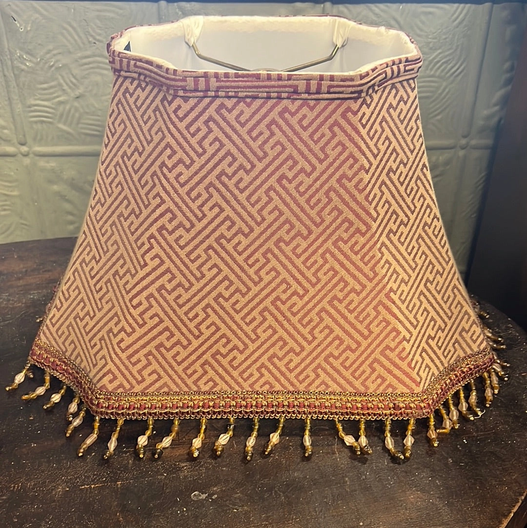 BURGUNDY AND BEIGE LAMP SHADE WITH BEADED FRINGE interior room decor
