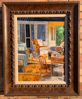 BURL FRAMED PORCH SCENE OIL ON CANVAS PAINTING classic mural painting