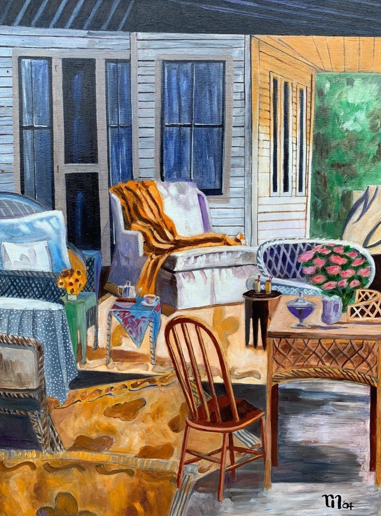 BURL FRAMED PORCH SCENE OIL PAINTING