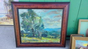 BURLED FRAMED IMPRESSIONIST OIL PAINTING OF  BLUE AND GREEN TREES classic mural painting
