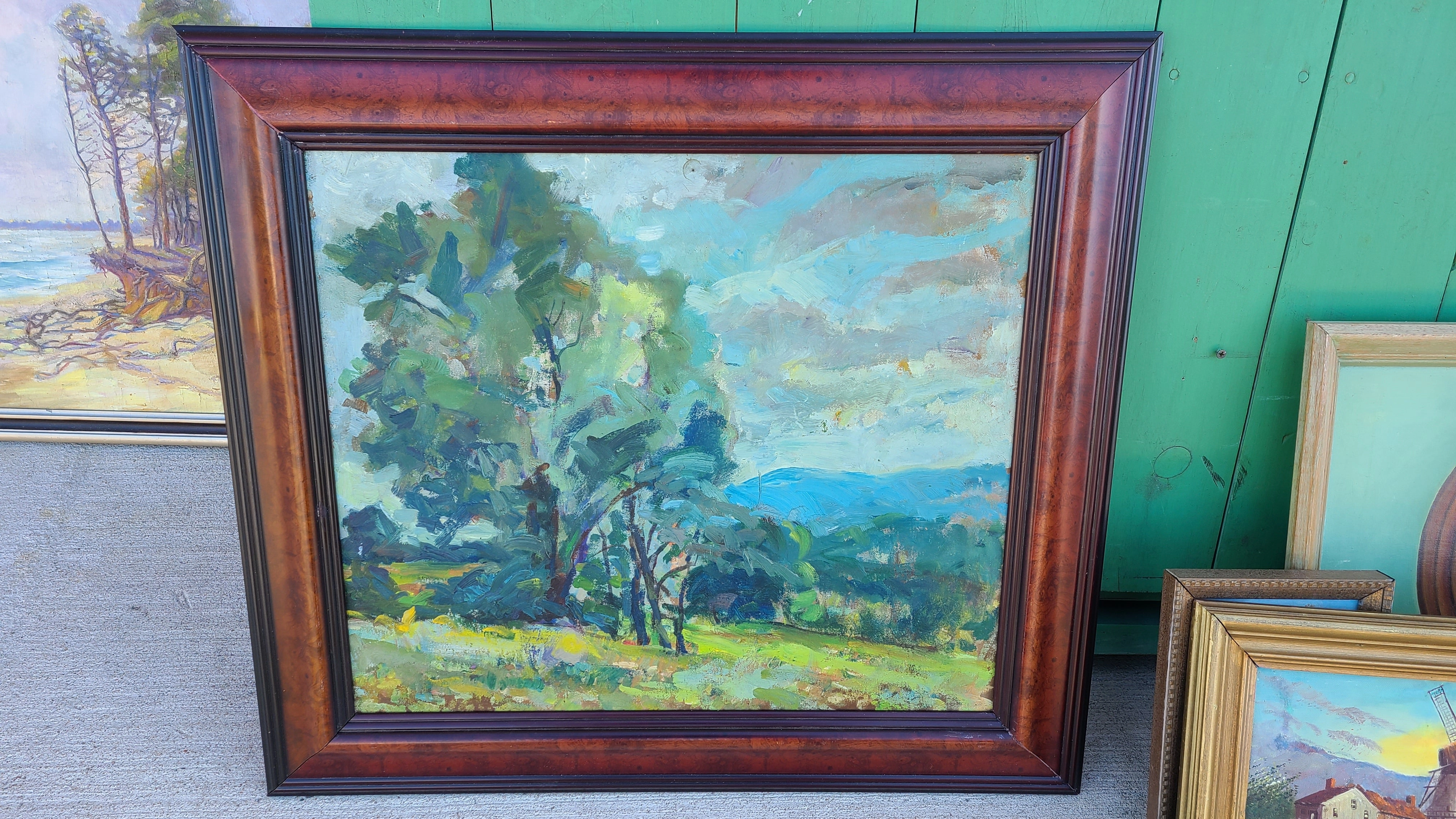 BURLED FRAMED IMPRESSIONIST OIL PAINTING OF  BLUE AND GREEN TREES classic mural painting