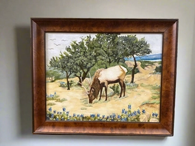 BURLED WOOD FRAME OF ELK AND BLUEBONNETS OIL PAINTING BY MAUDE WATERS classic mural painting