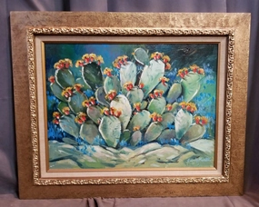 CACTUS IN BLOOM OIL PAINTING BY TEXAS ARTIST HARDY MARTIN classic mural painting