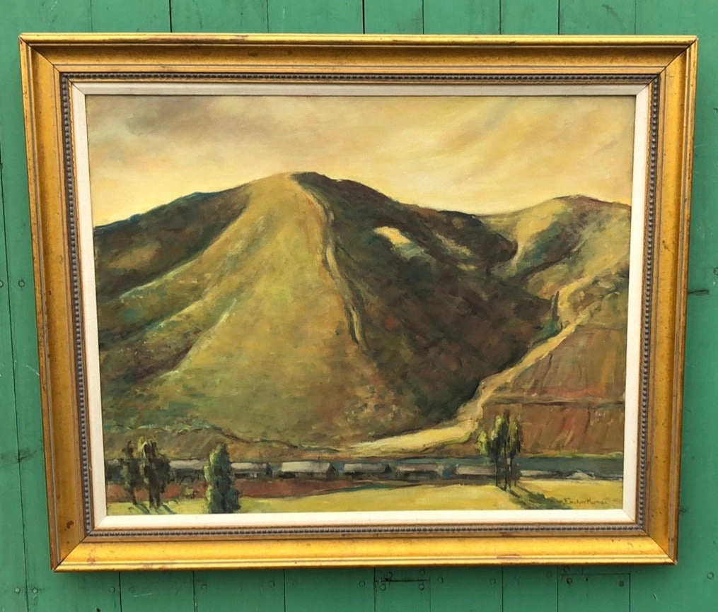 CALIFORNIA MOUNTAIN LANDSCAPE OIL PAINTING WITH A TRAIN SIGNED EVELYN HERMAN classic mural painting