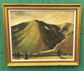 CALIFORNIA MOUNTAIN LANDSCAPE OIL PAINTING WITH A TRAIN SIGNED EVELYN HERMAN classic mural painting