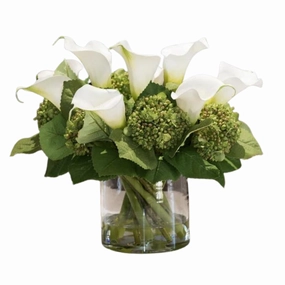 Calla Lily & Hydrangea White Buds Arrangement in Clear Cylinder Vase home display ornament