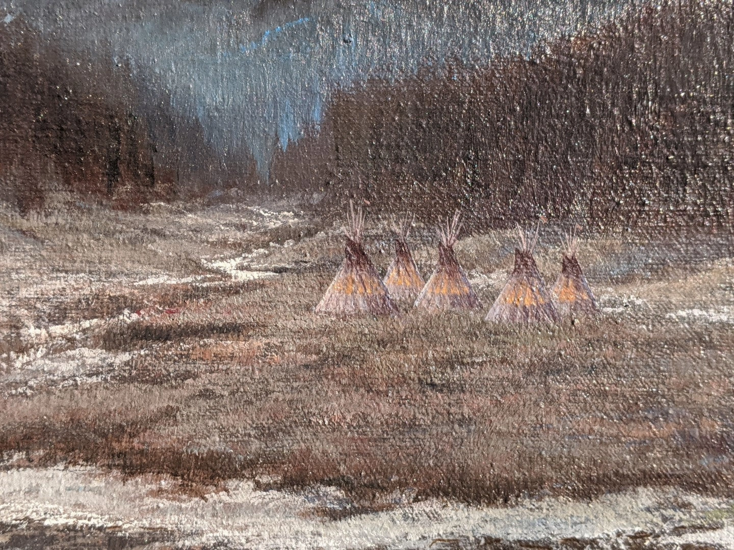 CAMPERS ON THE YELLOWSTONE  OIL PAINTING IN RUSTIC FRAME