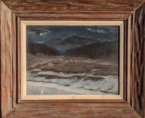 CAMPERS ON THE YELLOWSTONE  OIL PAINTING IN RUSTIC FRAME classic mural painting